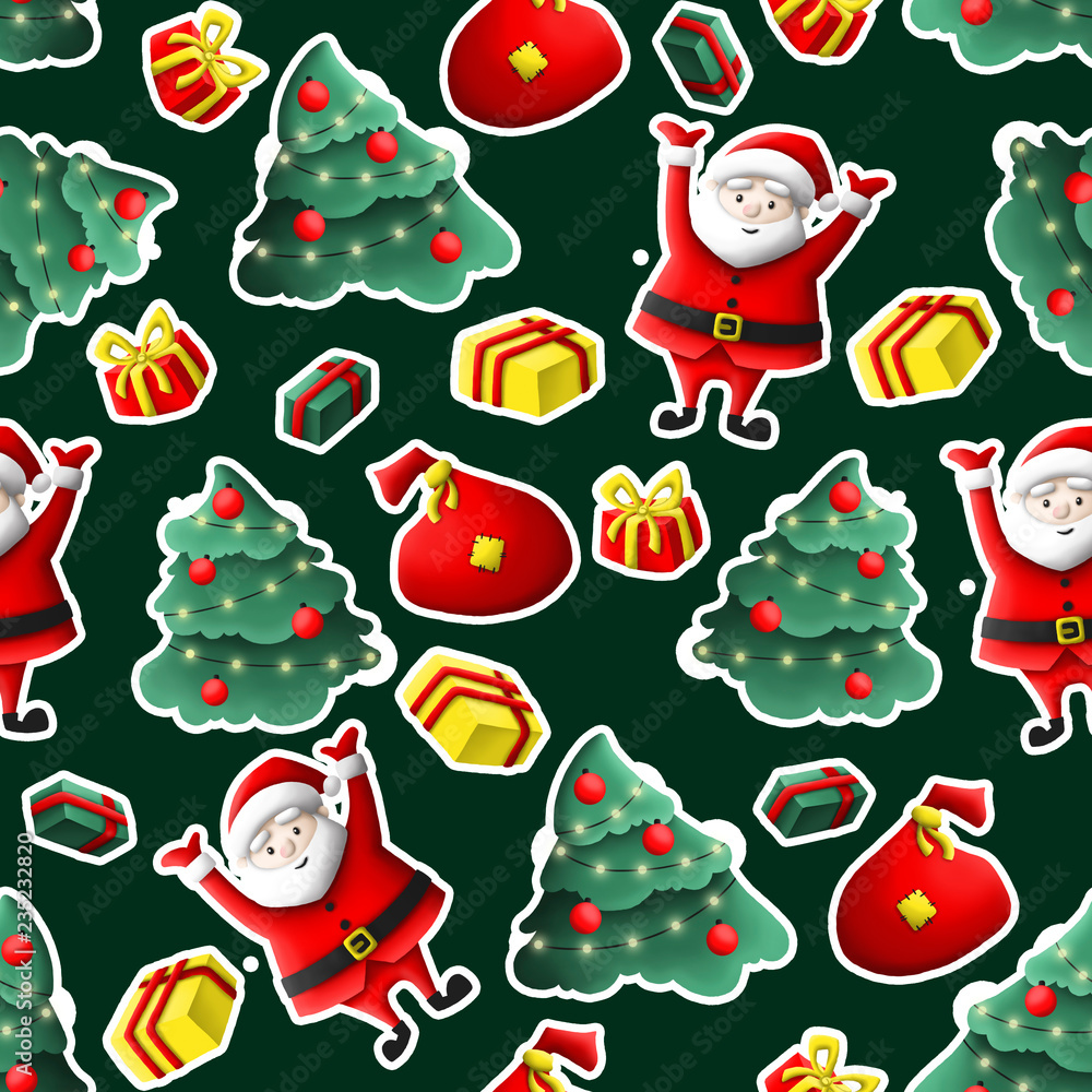 pattern with illustration of santa bag with gifts. Christmas trees with decorations balls and garlands, lights. Winter snow. Use for background, invitations, greetings, cards