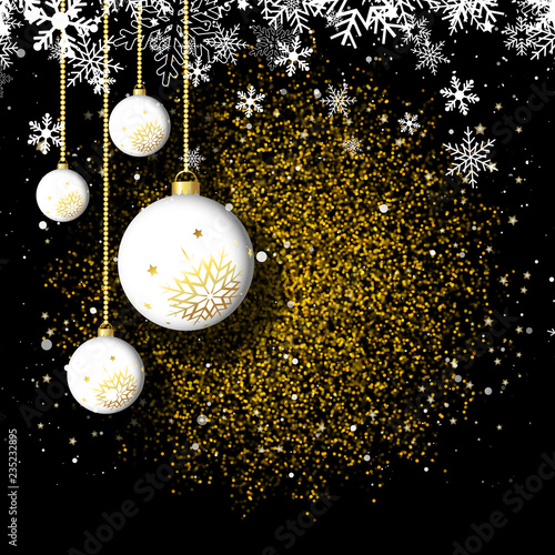 Christmas background with hanging babules on glittery gold design photo