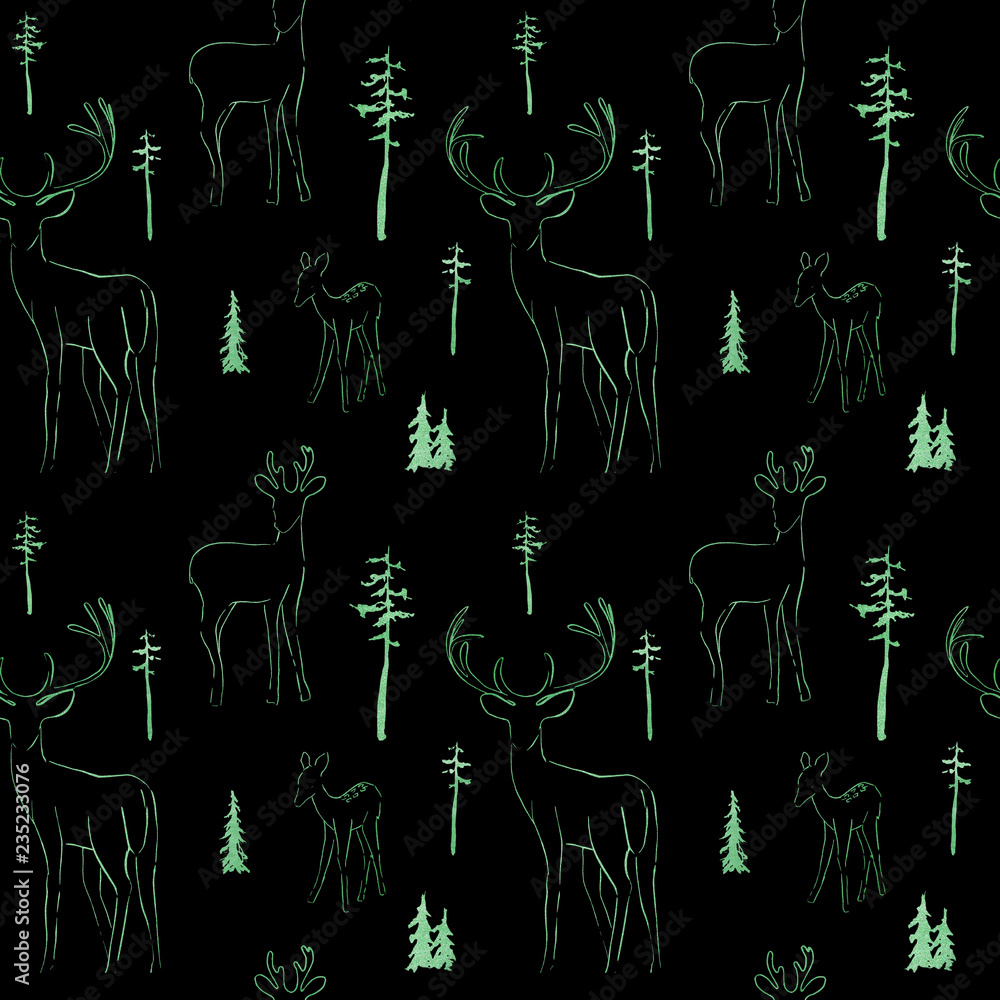 Winter seamless pattern with deer in forest Winter seamless pattern with deer in forest