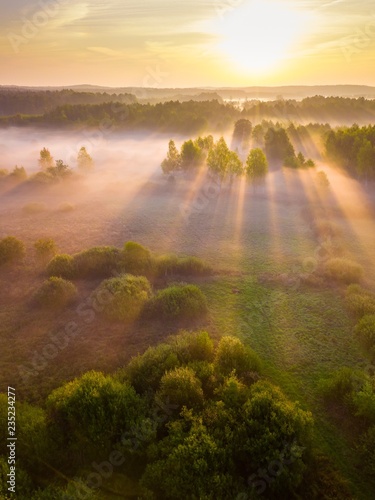 Beautiful foggy morning landscape photographed from above