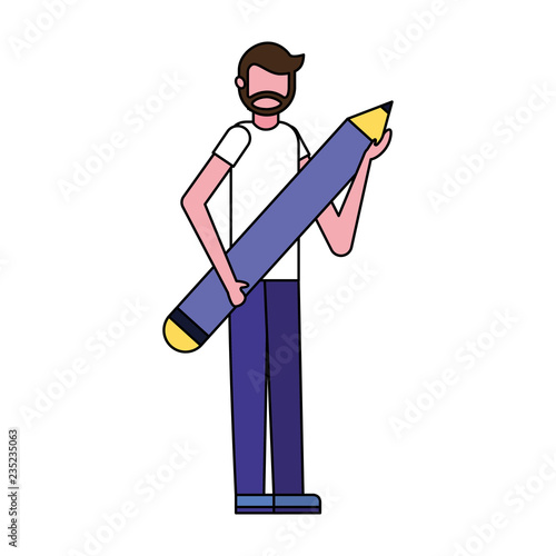 bearded man holding pencil supply