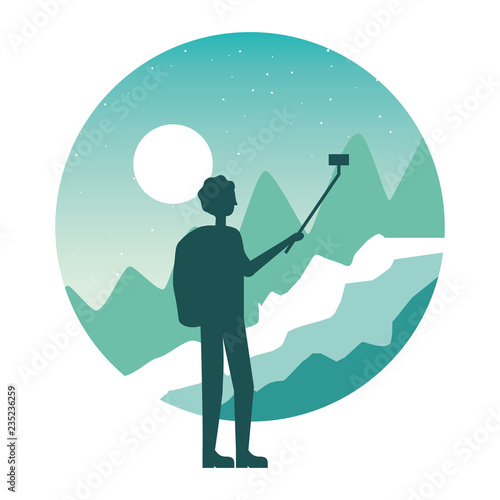 traveler man taking selfie in the landscape