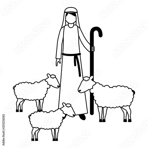 shepherd with flock sheep character