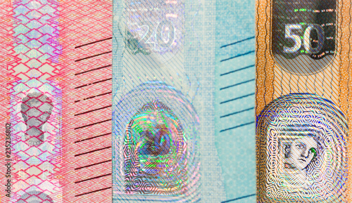 Close-up of the Goddess Europe on the hologram a new twenty euro banknote. With others banknotes out of focus.