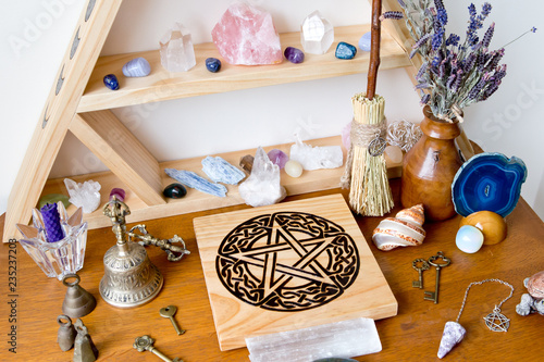Pagan / Witch Altar with crystals, crystal stand, pentacle altar tile, besom, bell and herbs