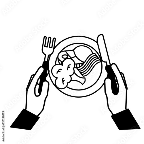 hands holding fork knife dinner