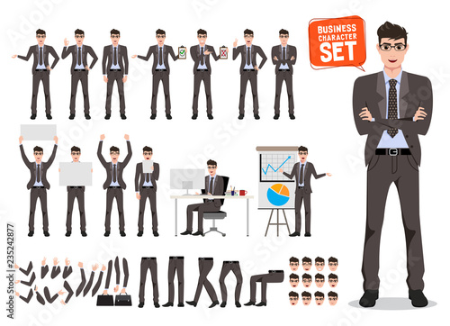 Business man presentation vector character set. Cartoon character creation of male business person talking for presentation with different poses. Vector illustration.
