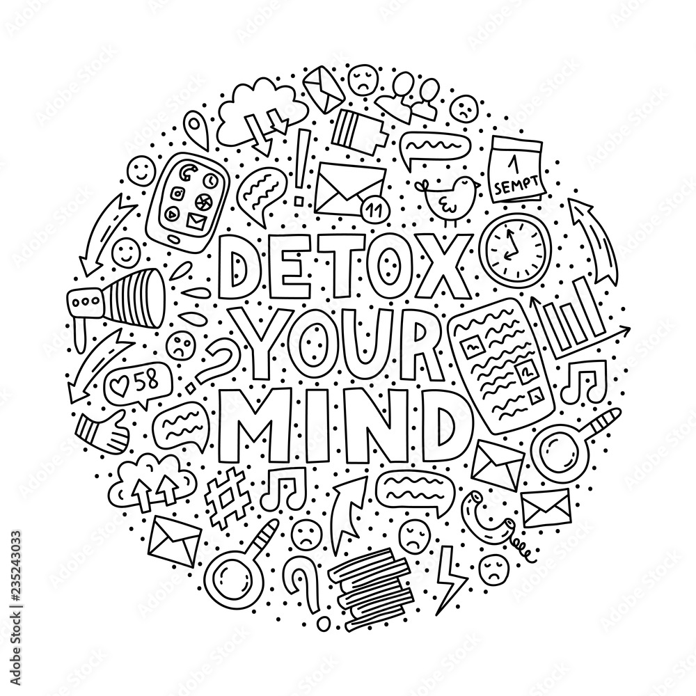 Detox your mind. Concept illustration with lettering and doodles