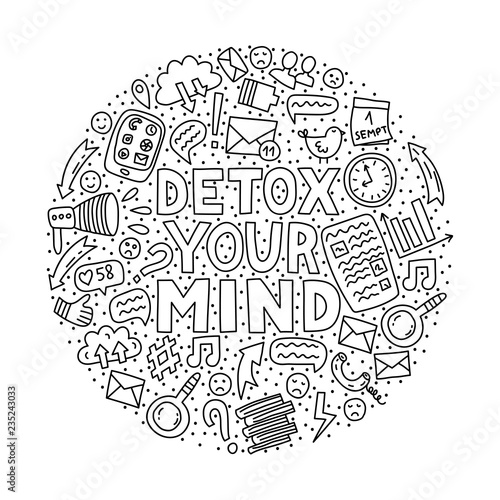Detox your mind. Concept illustration with lettering and doodles