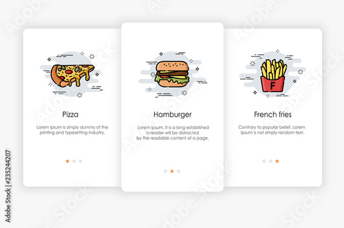 Onboarding screens design in fast food concept. Modern and simplified vector illustration, Template for mobile apps.