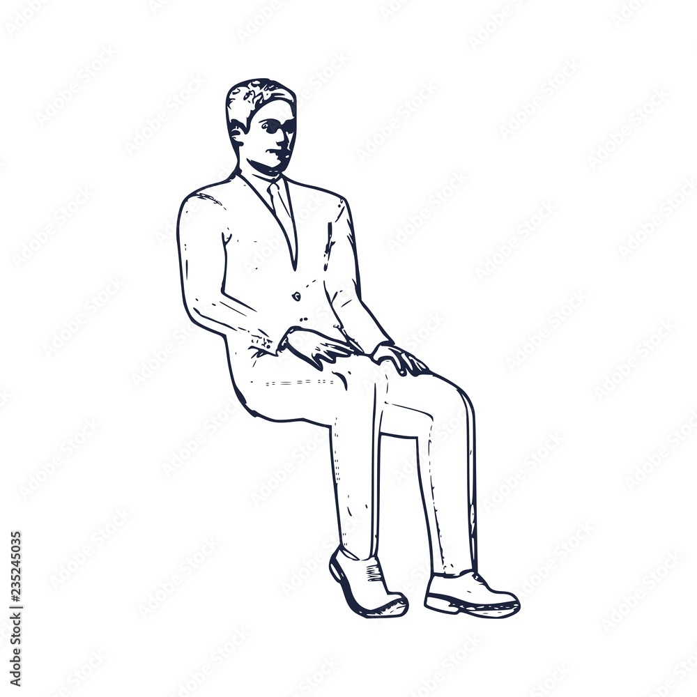 An illustration of man in sitting pose on chair. Front view. Web icon for application