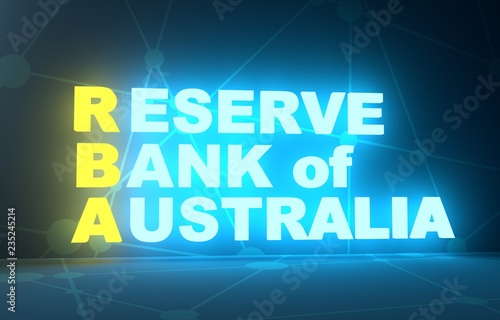 Acronym RBA - Reserve Bank of Australia. 3D rendering. Neon bulb illumination