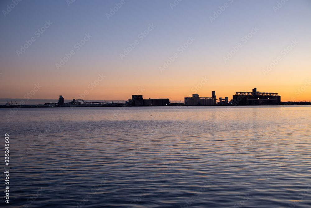 The Twin Ports in Duluth, Minnesota and Superior, Wisconsin at sunset