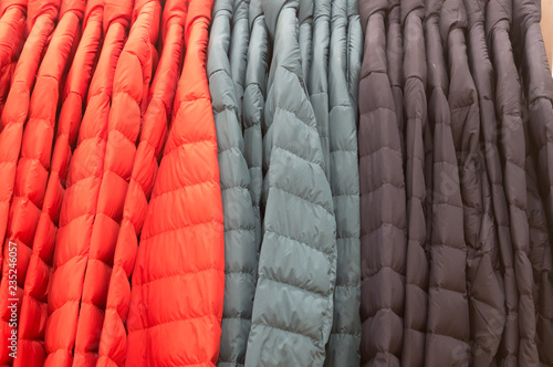 multicolored winter coat on sale in department store
