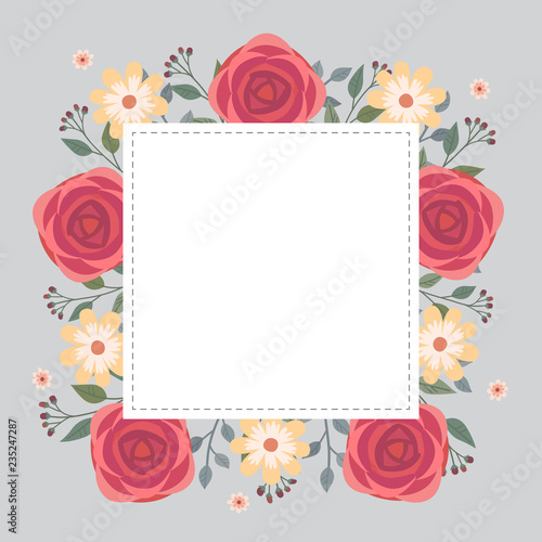 Floral greeting card and invitation template for wedding or birthday anniversary, Vector square shape of text box label and frame, Red rose flowers wreath ivy style with branch and leaves.