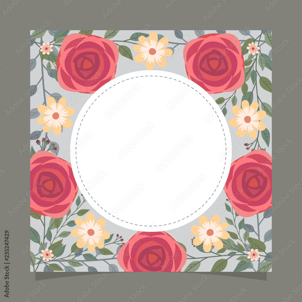Floral greeting card and invitation template for wedding or birthday anniversary, Vector circle shape of text box label and frame, Red rose flowers wreath ivy style with branch and leaves.