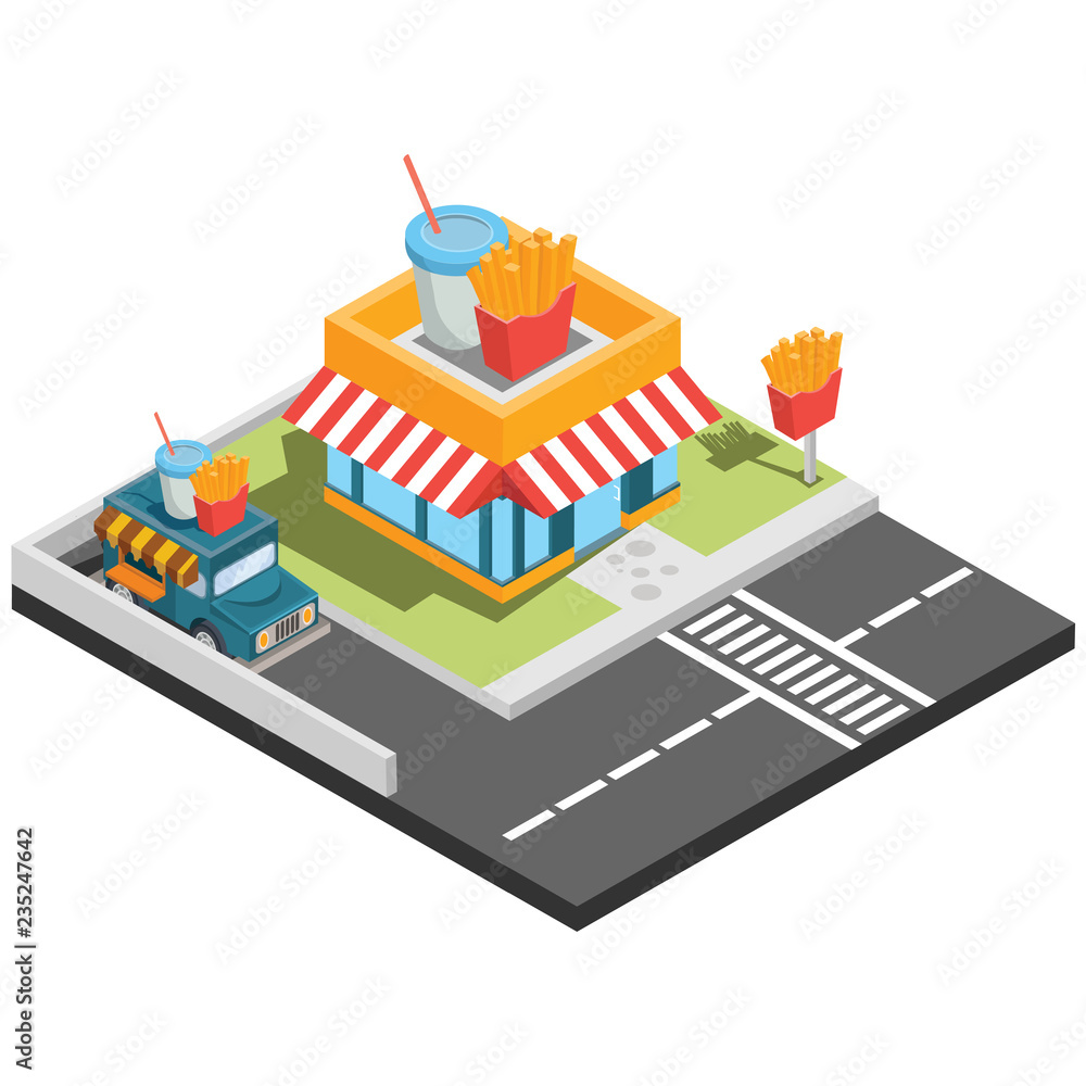 isometric illustration of fast food restaurants, vector illustration