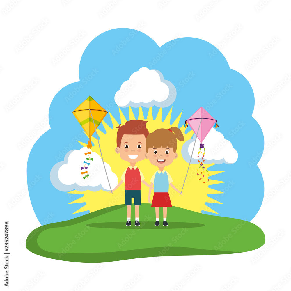 Fototapeta premium kids couple with kite flying in the field