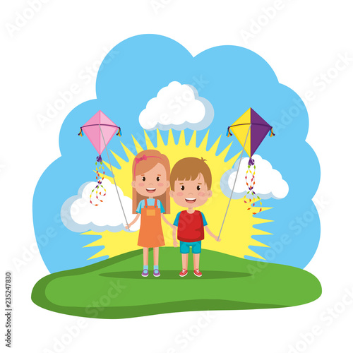 kids couple with kite flying in the field