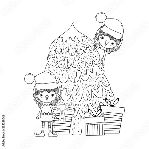 cute santa helpers with pine tree