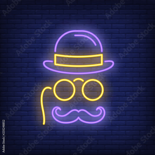 Gentleman hat, spectacles and moustache neon sign. Male shop or advertisement design. Night bright neon sign, colorful billboard, light banner. Vector illustration in neon style.