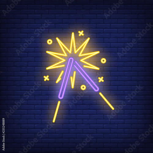 Lighting sparklers neon sign. Celebration or advertisement design. Night bright neon sign, colorful billboard, light banner. Vector illustration in neon style.