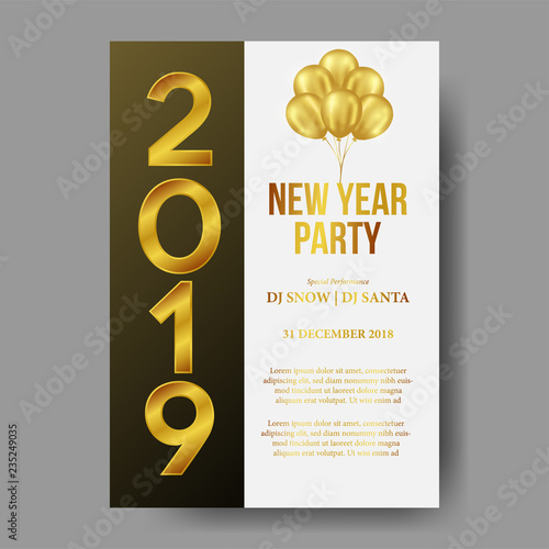 Happy new year poster party invitation 2019 gold number and flying gold helium balloon. vector illustration. poster banner template