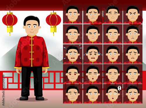 Chinese Man Cartoon Emotion faces Vector Illustration