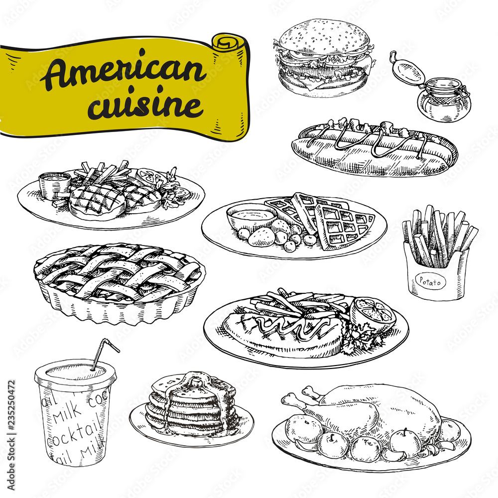 hand drawn vector illustration, a set of basic American cuisine. Traditional American cuisine