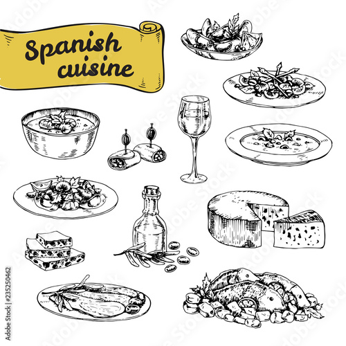 hand drawn vector illustration, a set of traditional Spanish cuisine. graphic sketch different blyud.moreprodukty, wine, dessert. Mediterranean cuisine