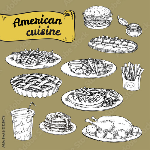 hand drawn vector illustration, a set of basic American cuisine. Traditional American cuisine