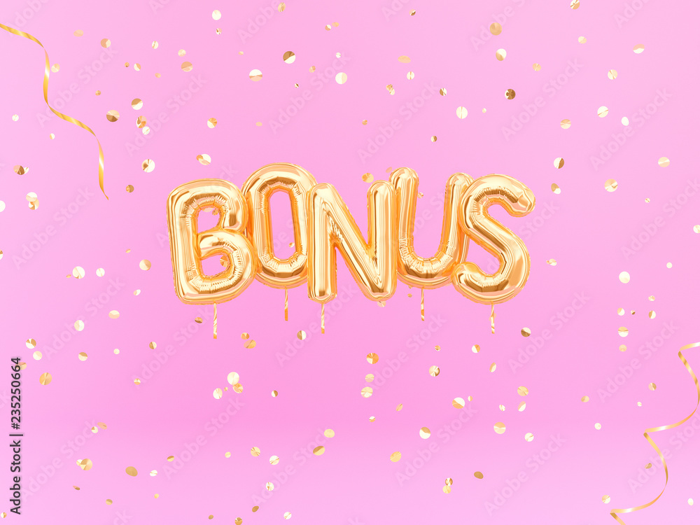 Bonus sign letters with golden confetti. Banner word bonus design pink