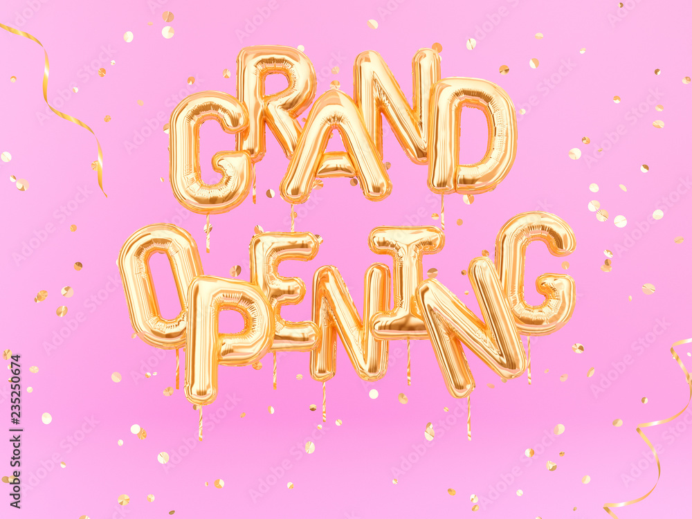 Grand Opening phrase sign letters with golden confetti. Grand opening celebration banner. 3d rendering