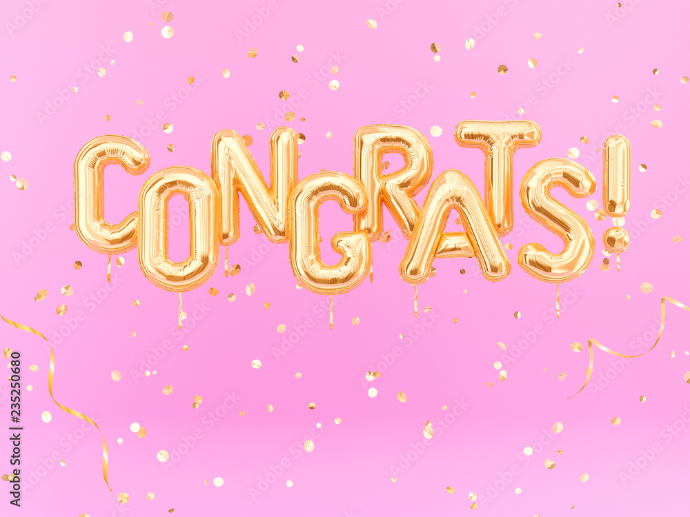 Congrats text with golden confetti. Congratulations banner. 3d rendering Congrats text with golden confetti. Congratulations banner. 3d rendering
