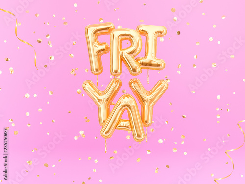 FriYay text sign letters with golden confetti. Friday celebration banner. 3d rendering photo