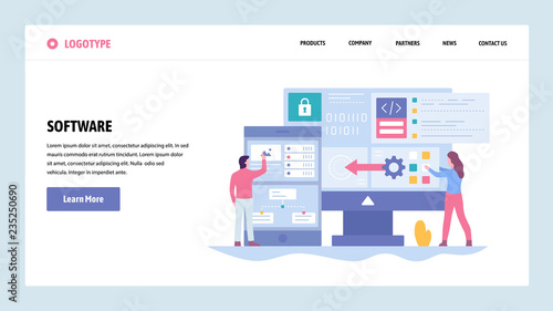Vector web site gradient design template. Software development and application coding. Saftware engenieer write computer code. Landing page concepts for website and mobile development. Modern flat