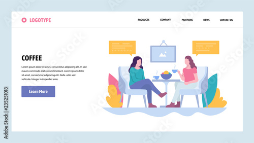 Vector web site gradient design template. Two girls drink coffee in cafe, lunch break. Landing page concepts for website and mobile development. Modern flat illustration.