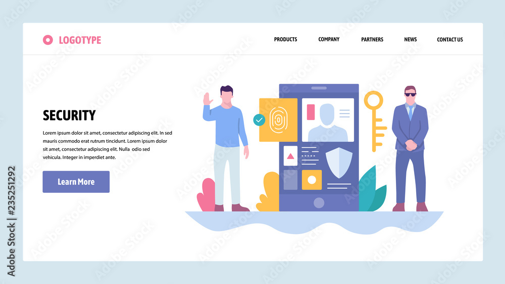 Vector web site gradient design template. Cyber security and secure access. Mobile phone fingerprint login. Landing page concepts for website and mobile development. Modern flat illustration.