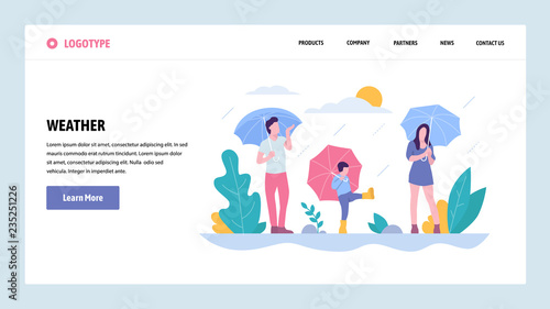 Vector web site gradient design template. Happy family walking in the rain in park. Weather on fall season day. Landing page concepts for website and mobile development. Modern flat illustration.