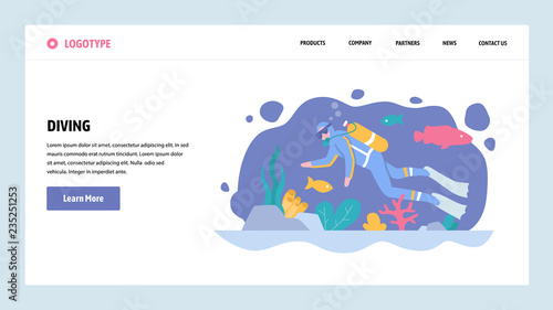 Vector web site gradient design template. Scuba diving. Diver underwater watch sea life. Landing page concepts for website and mobile development. Modern flat illustration.