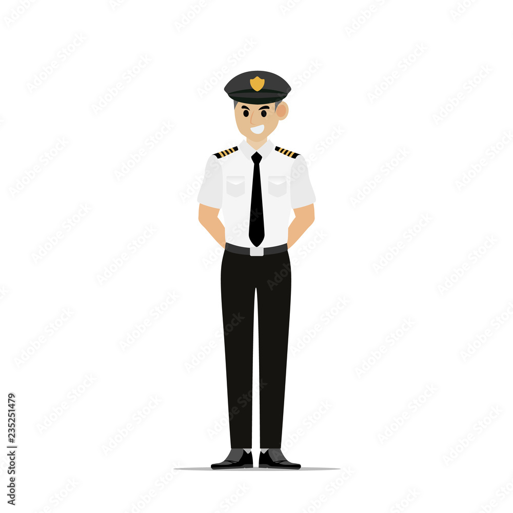 Man with pilot uniform vector illustration in flat color design.Vector illustration on white background. Man with pilot uniform vector illustration in flat color design.Vector illustration on white background.
