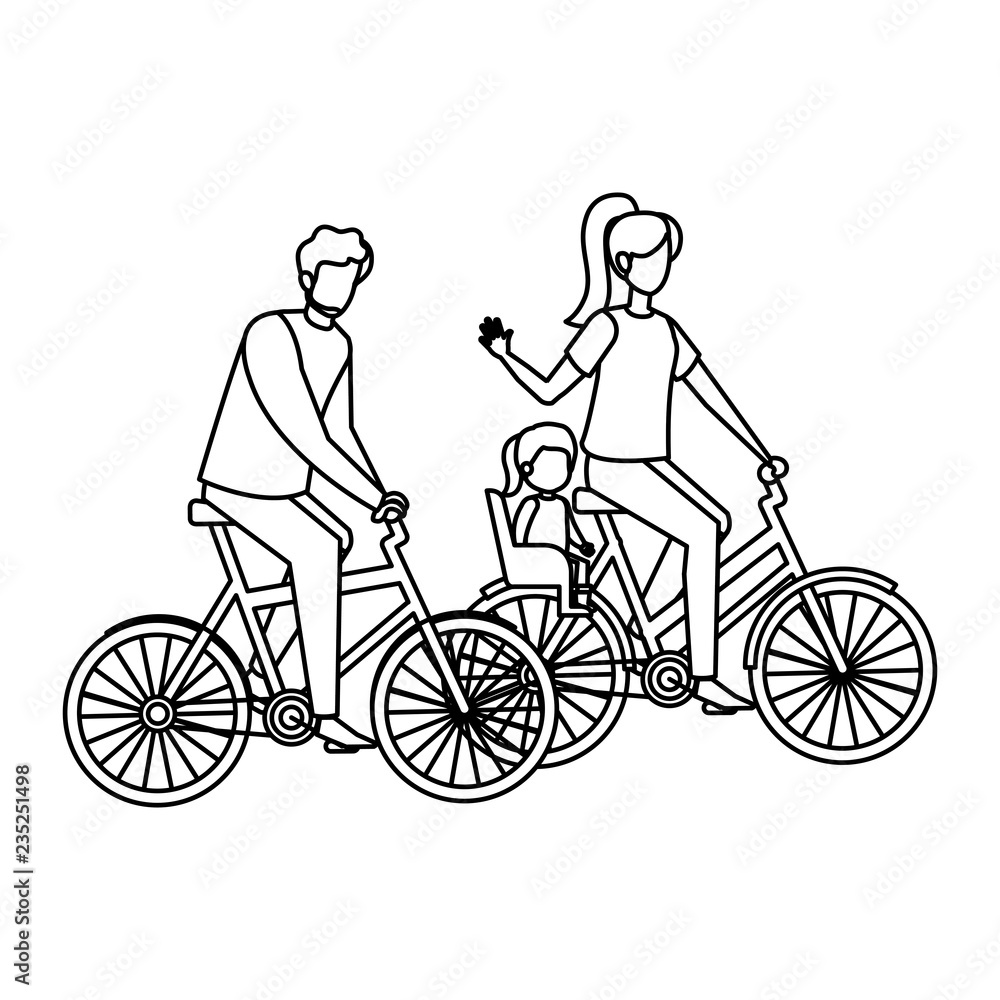 parents couple in bicycle with daughter