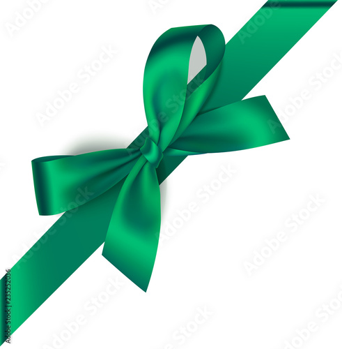 Vector green bow with diagonally ribbon on the corner of the page isolated on white.