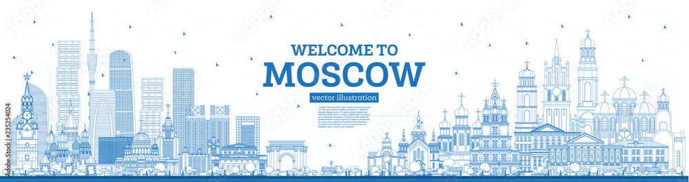 Outline Welcome to Moscow Russia Skyline with Blue Buildings.