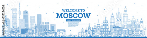 Outline Welcome to Moscow Russia Skyline with Blue Buildings.