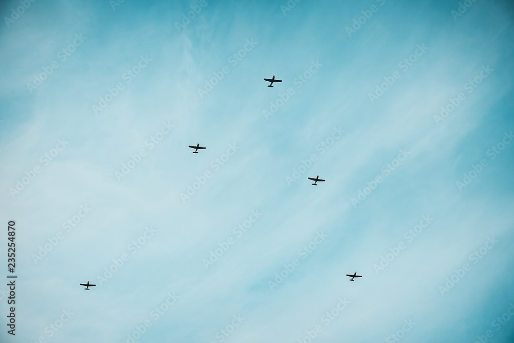 Jet aircrafts aerobatic group at blue sky during Air Show Jet aircrafts aerobatic group at blue sky during Air Show