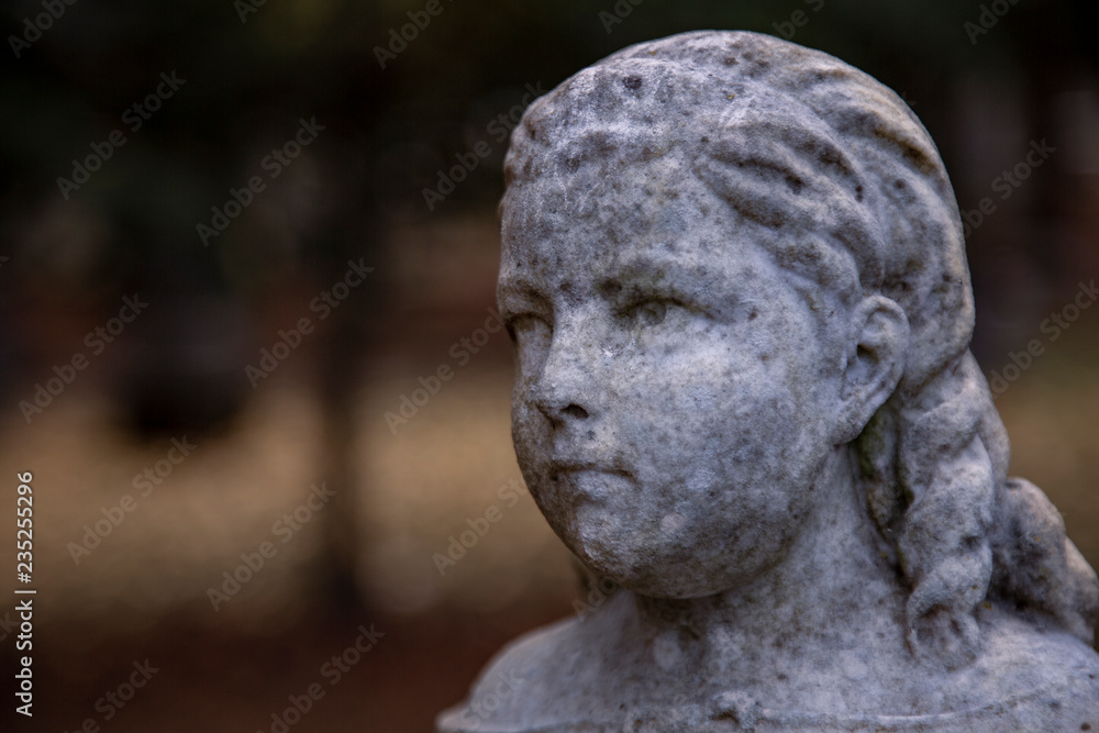 Partial View of Victorian Statuary with a Girl's Face and Shoulders in Soft Focus with Out of Focus Foliage and Trees in Background