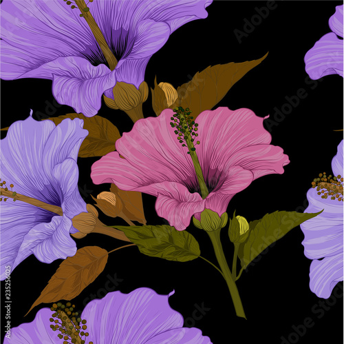 Vector. Hibiscus - flowers and buds. Seamless background pattern. Perfume and cosmetic plants. Wallpaper. Decorative composition. Use printed materials, signs, posters, postcards, packaging.