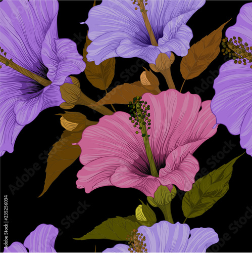 Vector. Hibiscus - flowers and buds. Seamless background pattern. Perfume and cosmetic plants. Wallpaper. Decorative composition. Use printed materials, signs, posters, postcards, packaging.