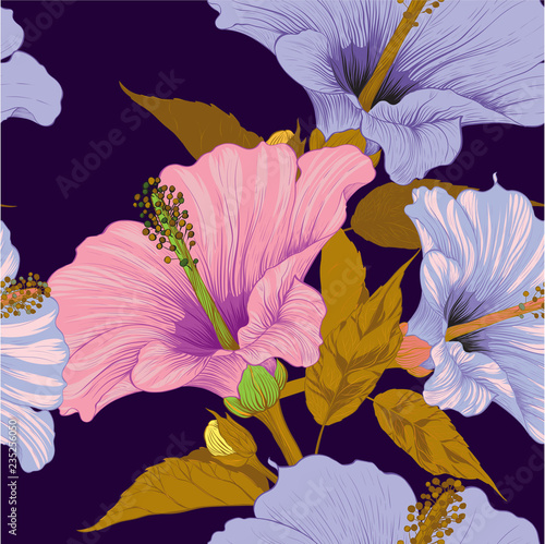 Vector. Hibiscus - flowers and buds. Seamless background pattern. Perfume and cosmetic plants. Wallpaper. Decorative composition. Use printed materials, signs, posters, postcards, packaging.